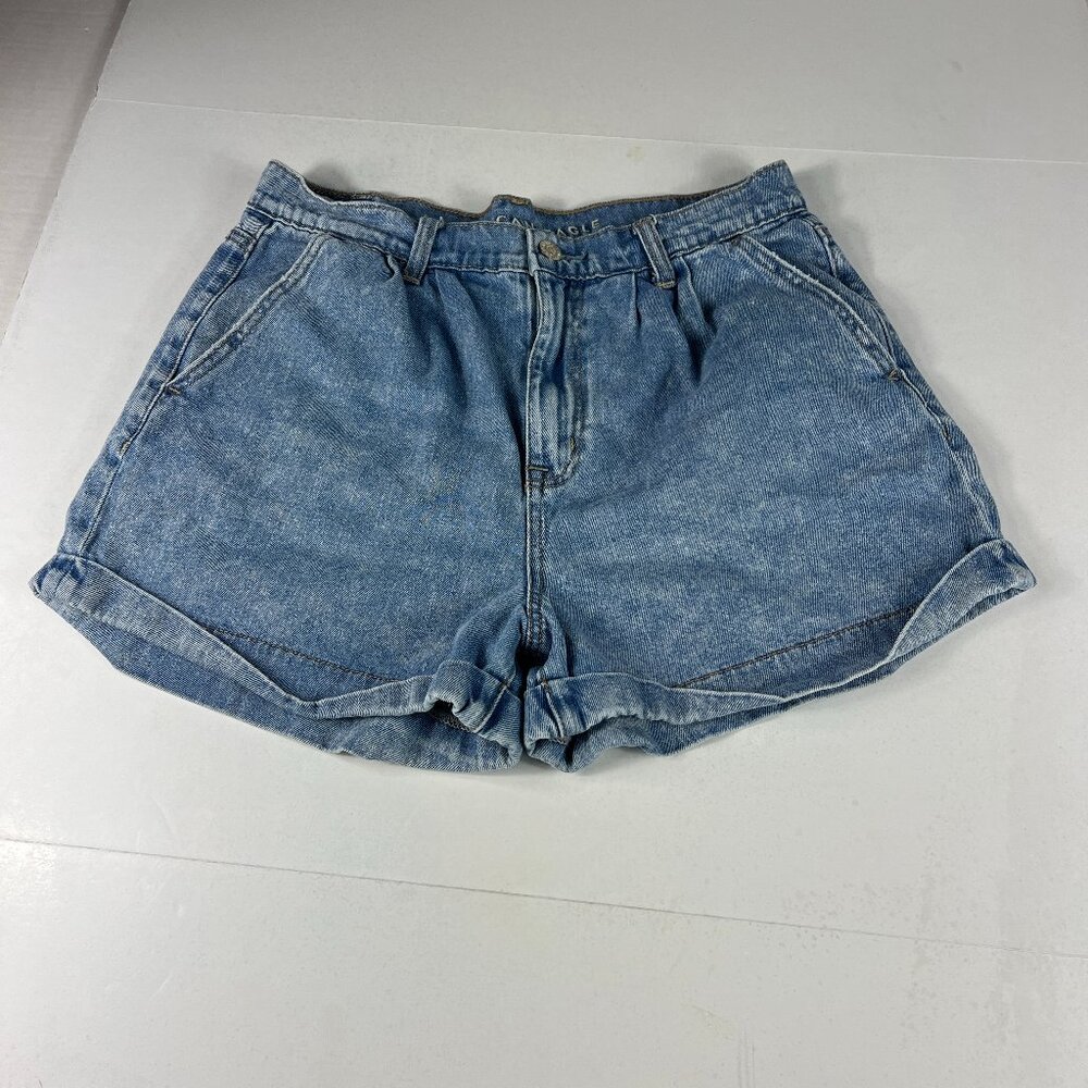 American Eagle Short Women Measured 30 Mom Blue Faded Cuffed Pleated Denim Tag 8